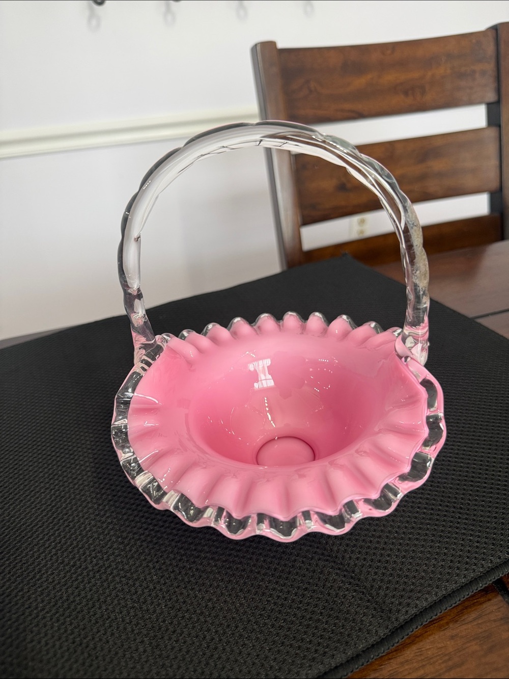 Pink Ruffled Glass Basket with Clear Handle - Picture 2 of 7